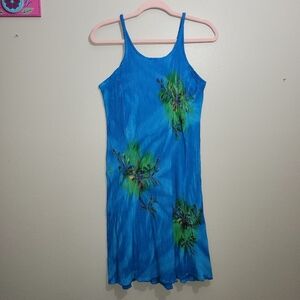 Vintage Tropical Batik Women’s OS Blue Green Embroidered Floral Hawaiian Dress